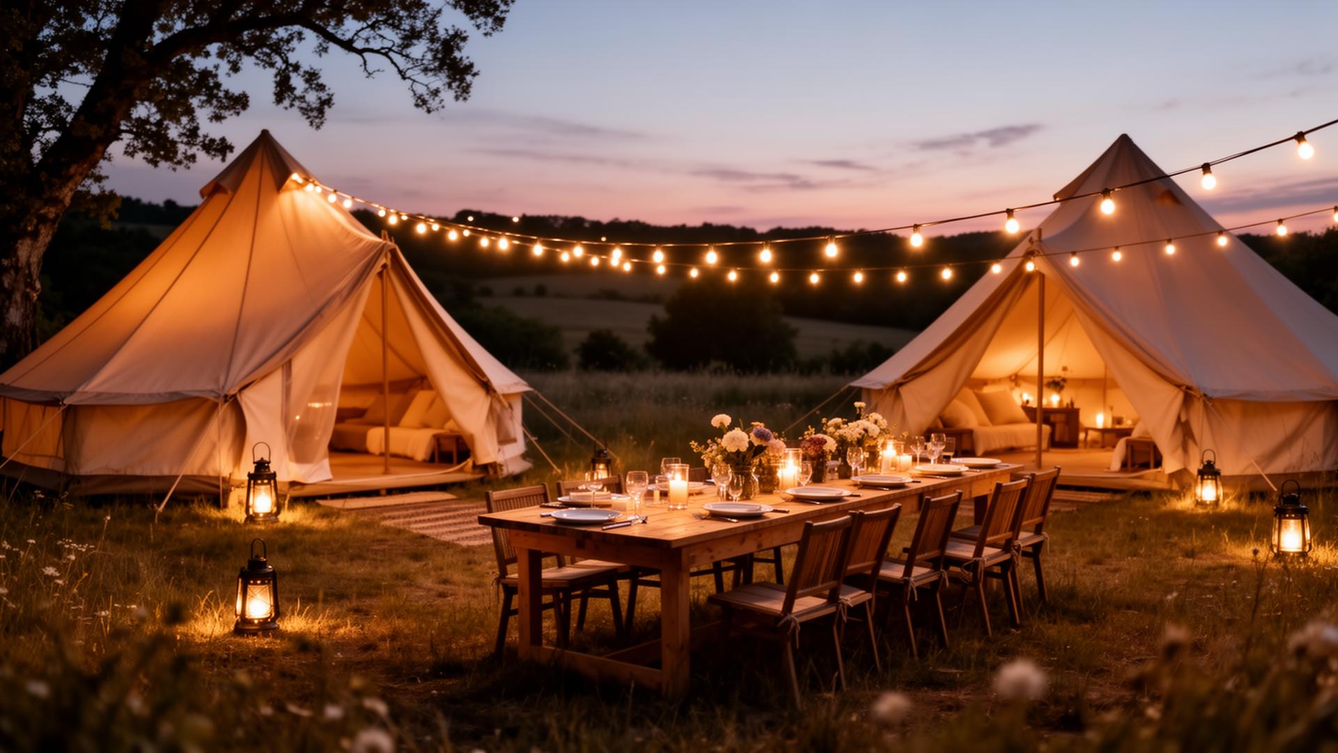 Bell tent camp at twilight