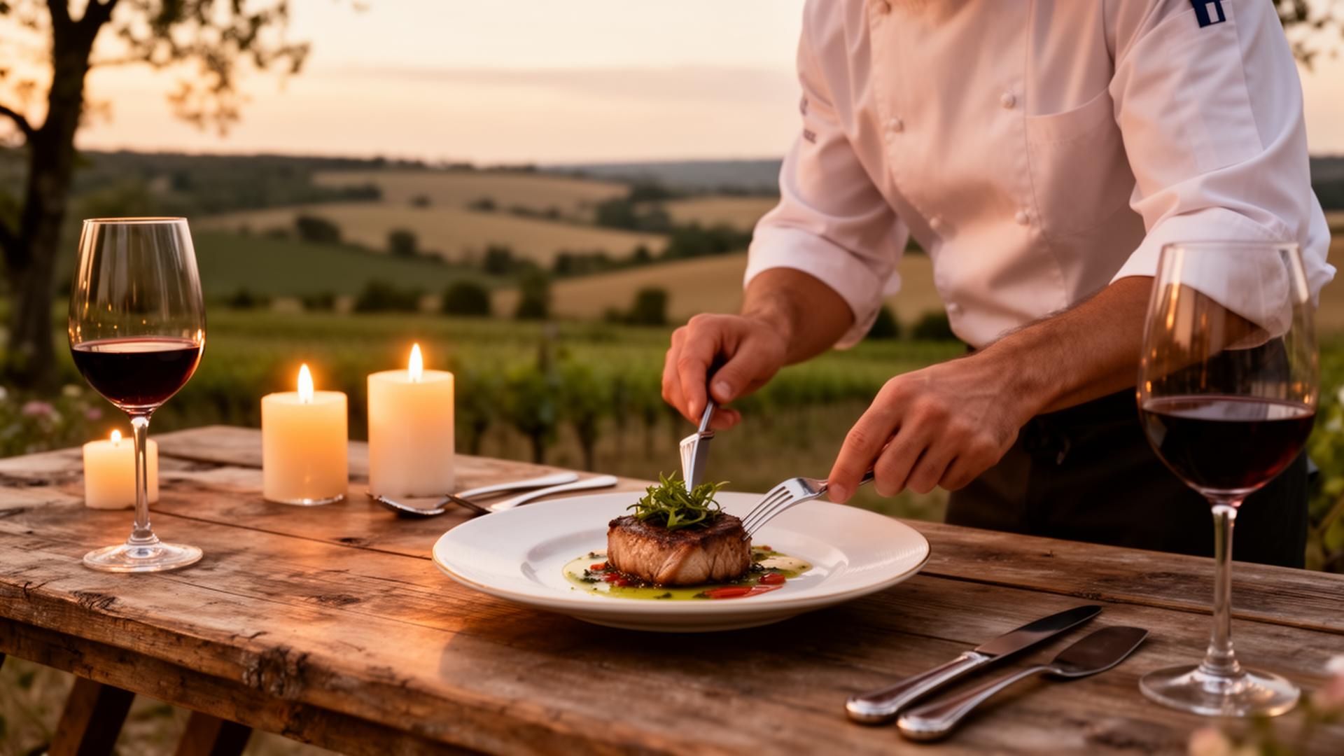 Private chef plating dinner outdoors at golden hour