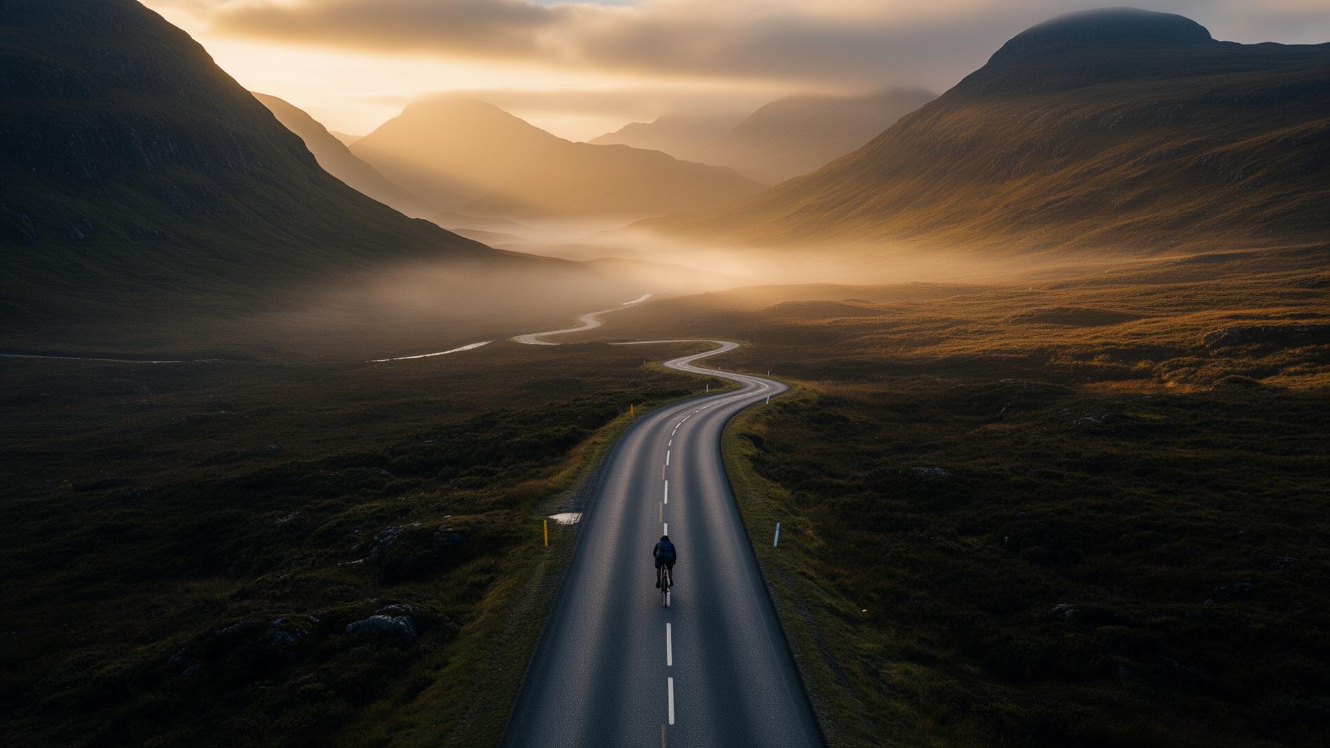A cyclist crossing the misty Scottish highlands at sunrise